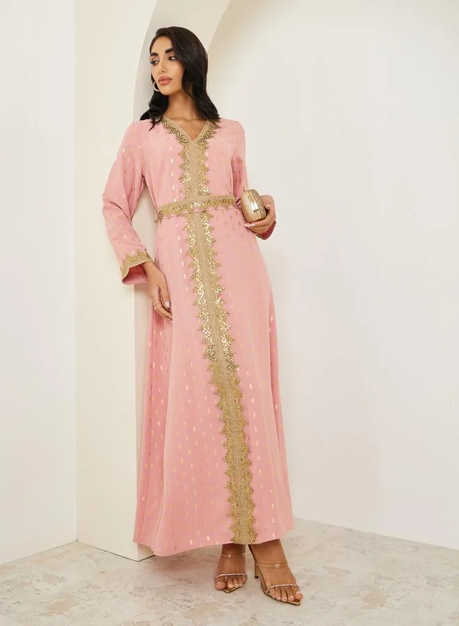 Amirah Women Pink Embroidered A-Line Kaftan
